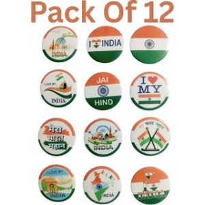 Indian Flag Badge for Republic and Independence Day Mixed Design  Metal  Plastic  Size 4.5 cm  Pack of 12