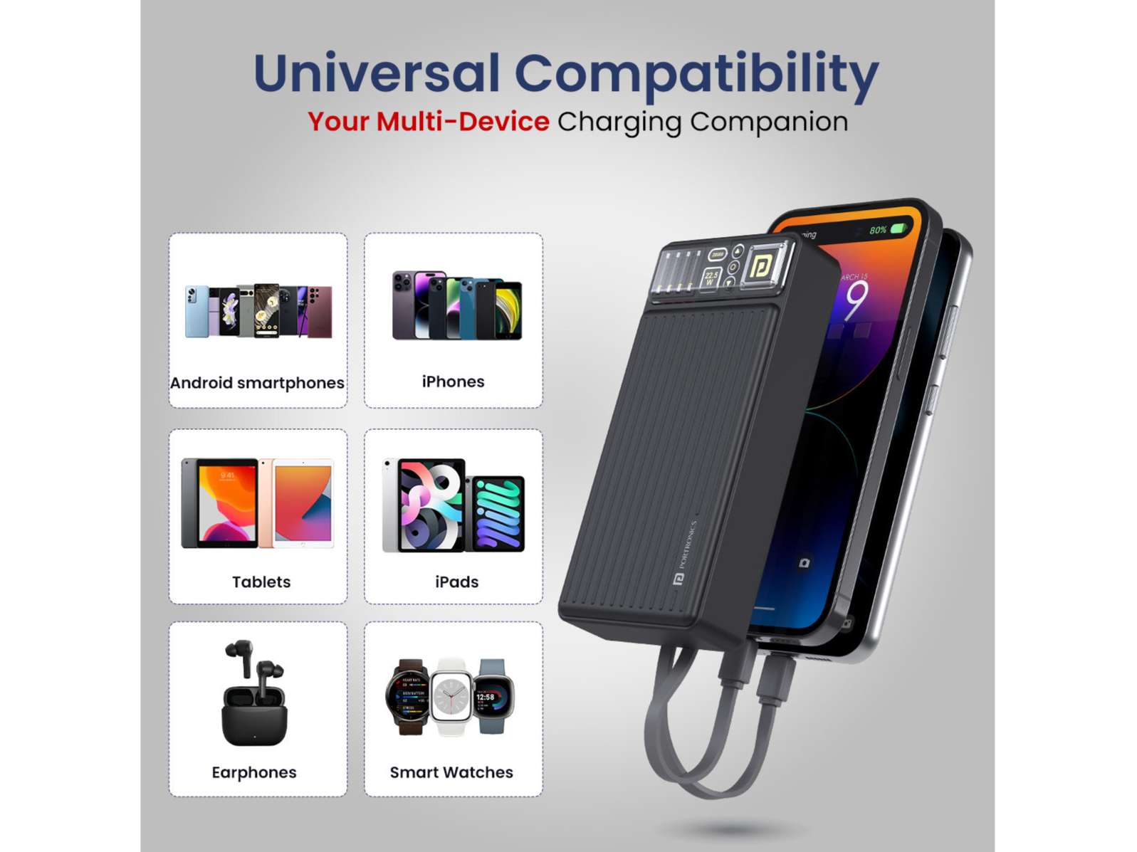 Portronics Luxcell Bind 20K LED Indicator, In Built Charging Cable, Dual Output, Wake Up Button - Image 4