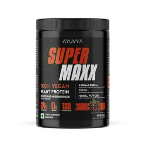 Ayuvya Super Maxx Ayurvedic Plant Protein || Elevate Your Fitness Journey | 100% Ayurvedic Ingredients for Muscle Growth, Recovery, and Overall Well-Being | Coffee Flavoured l 24gms Protein per Serving, 250gm