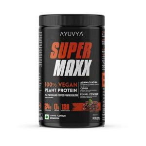 Ayuvya Super Maxx Ayurvedic Plant Protein || Elevate Your Fitness Journey | 100% Ayurvedic Ingredients for Muscle Growth, Recovery, and Overall Well-Being | Coffee Flavoured l 24gms Protein per Serving, 500gm