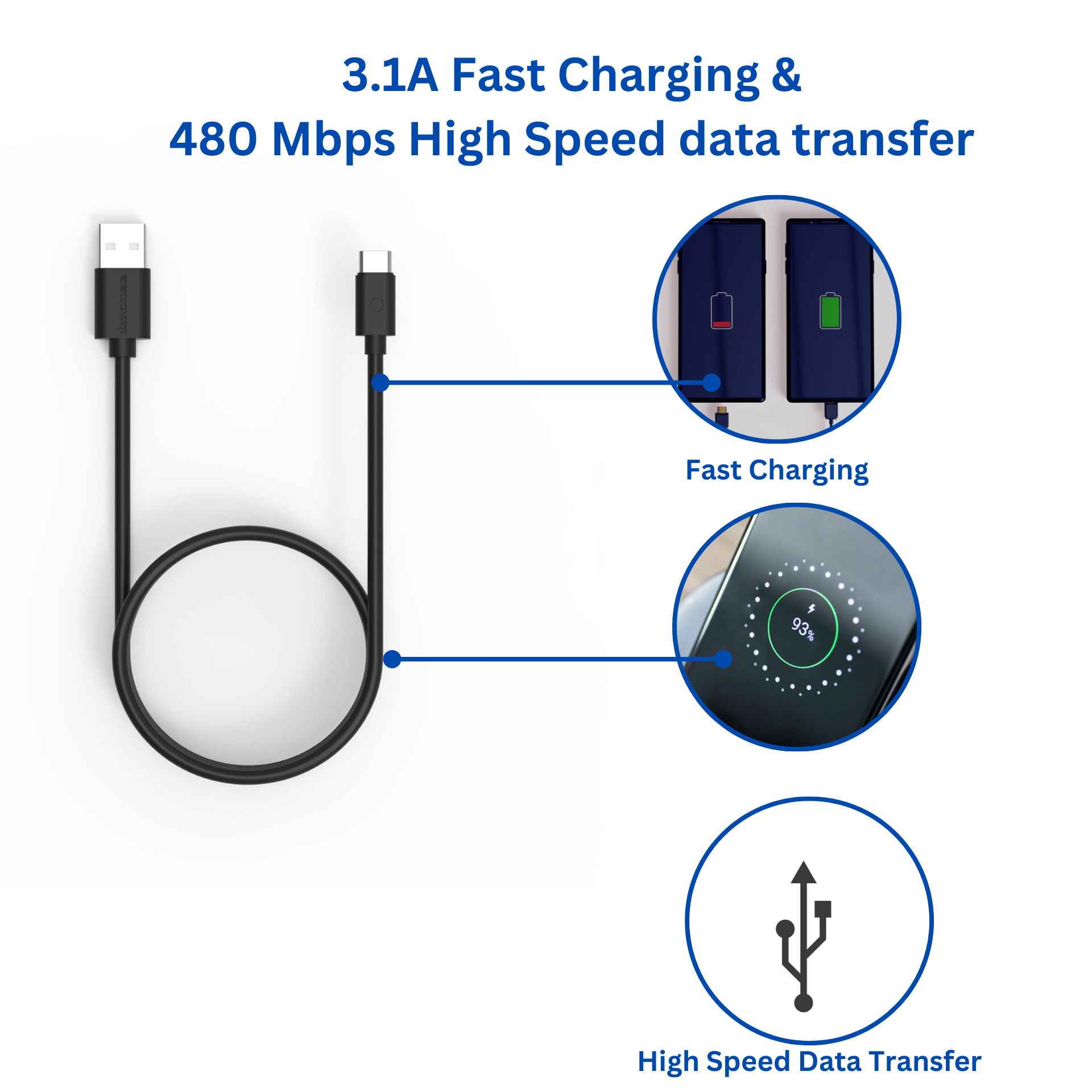 Twance T20 PVC - Type C to USB Charging & data transfer Cable, 1 M, Black - Image 2