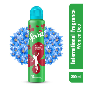 Spinz Pristine Green Perfumed Deo for Women International Fragrances  Long Lasting Freshness, 24 Hours Protection from Odour causing Bacteria - 200 ml