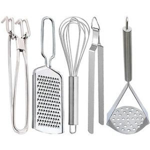 Oc9 Stainless Steel Kitchen Utility Combo Pakkad, Grater, Whisker, Chimta and Potato Masher