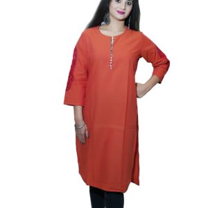 Women's pure cotton straight rust orange color embellished kurta