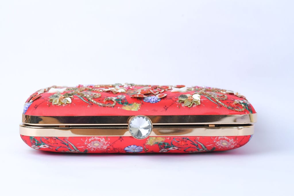 Red With Multi Color Beaded /Sequins Work Hand Embroidered Clutch Cum Sling Bag - Image 3