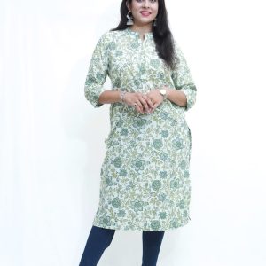 Women's pure cotton straight Olive Green embellished kurta