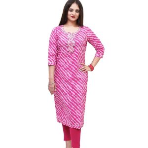 PINK HAND BLOCK LEHERIYA PRINTED COTTON STRAIGHT KURTI/KURTA