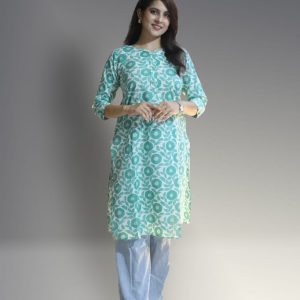Women's Pure Cotton Straight White& Sea Green Embellished Kurta