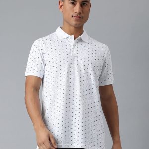 Men White Dotted Regular Fit Polo Neck T-Shirt