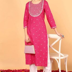 Plus Size Pink Cotton Leheriya Printed Straight Kurta VCK9647