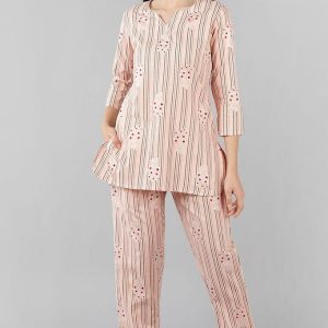 Peach Cotton Striped Night Suit VNWK1055