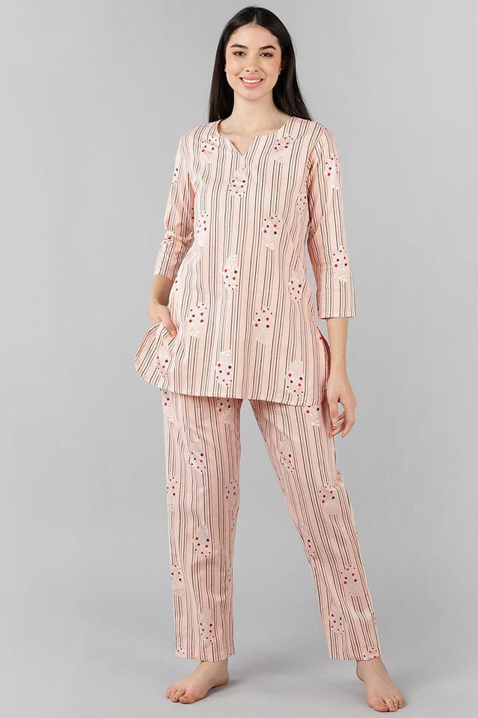 Peach Cotton Striped Night Suit VNWK1055