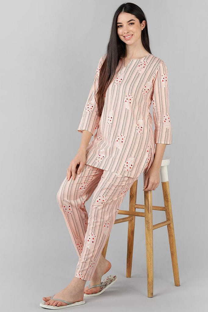 Peach Cotton Striped Night Suit VNWK1055 - Image 6