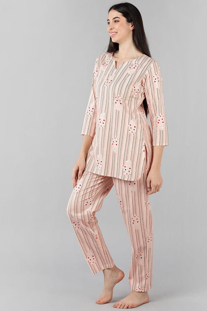 Peach Cotton Striped Night Suit VNWK1055 - Image 10
