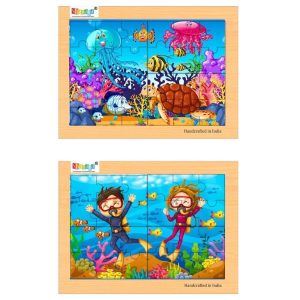 SHANAYA 2-in-1 Wooden Jigsaw Puzzles for Kids - Educational Montessori Toy, Tetris and Geometric Shapes, Interactive Learning Games (Children Scuba Diving + Sea World Ocean Animals)